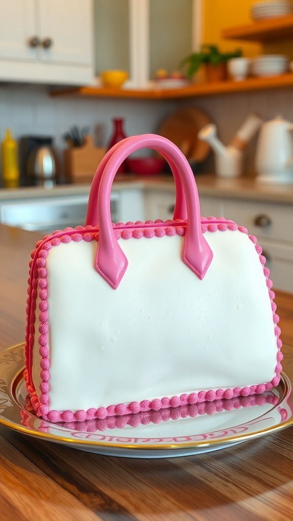 A handbag-shaped dessert with colorful fondant and cream filling, displayed on a plate in a bright kitchen.